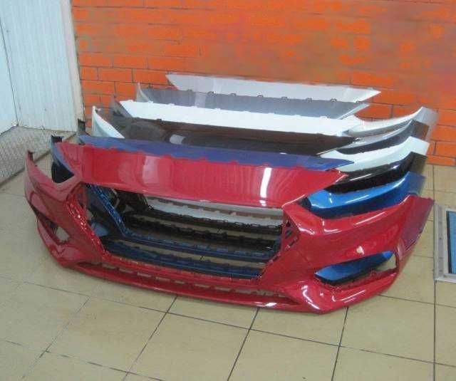 Передний бампер черный Hyundai Accent 2011, 2012, 2013, 2014 года